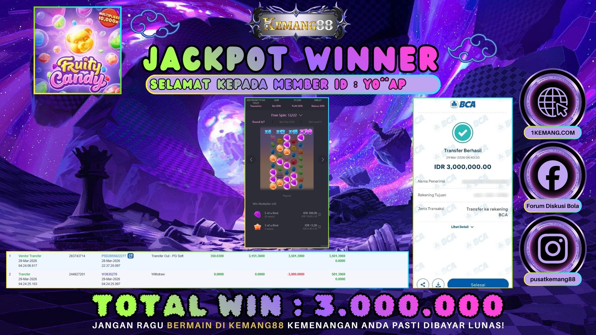 KEMANG88 [29 Maret 2026] : JACKPOT SLOT : FRUITY CANDY [PG] Rp. 3.000.000.,- LUNAS